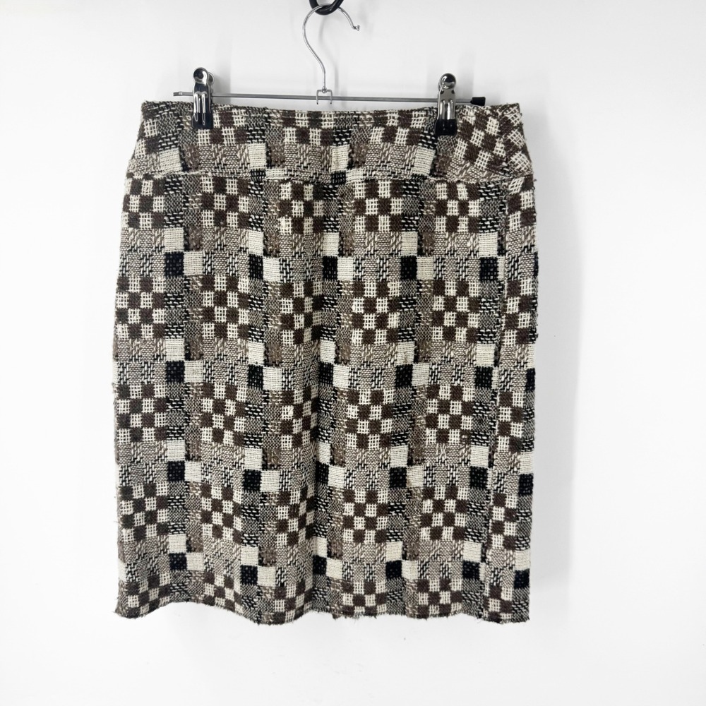 Oscar de la Renta Brown Cream Checkered Tweed Pencil‎ Skirt Made in Italy Size 6